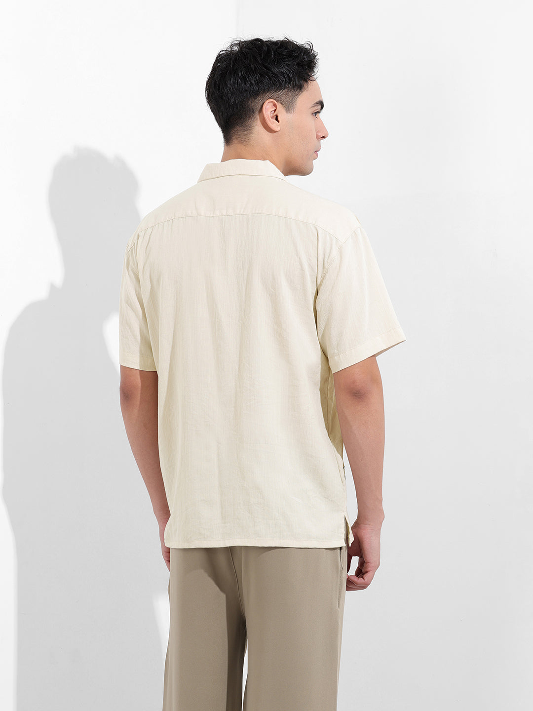 Men's Cream Relaxed Fit Embroided Resort Wear Shirt