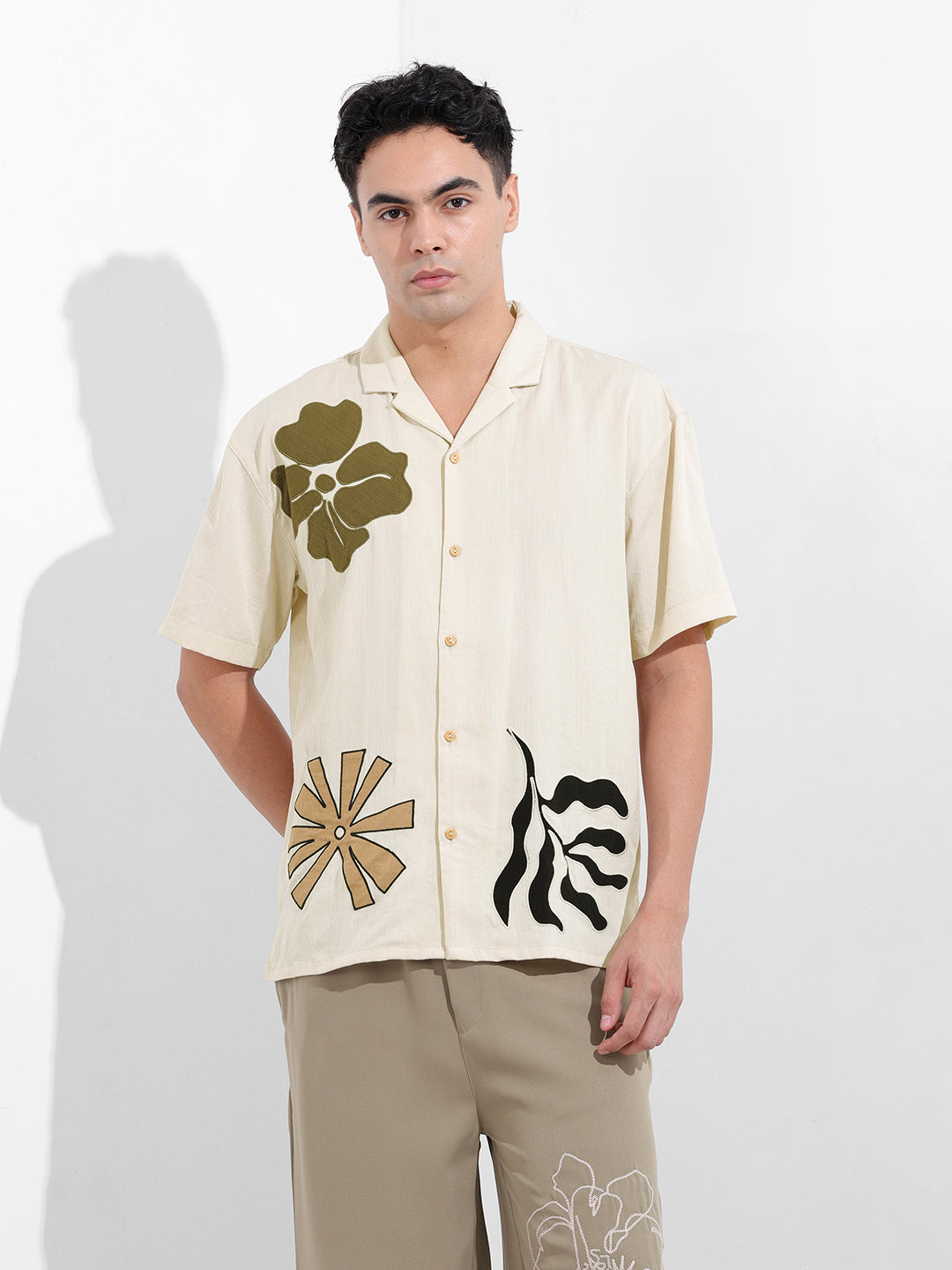 Men's Cream Relaxed Fit Embroided Resort Wear Shirt