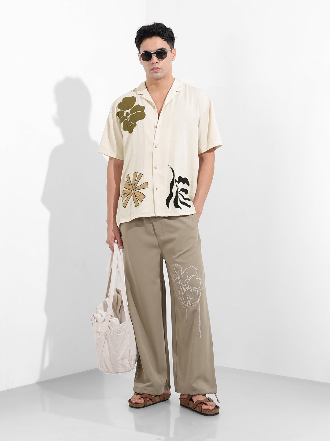 Men's Cream Relaxed Fit Embroided Resort Wear Shirt