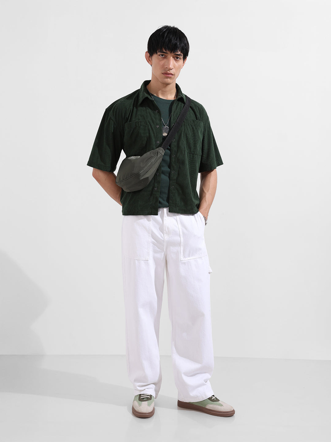 Men's Green Boxy Fit Embroided Street Wear Shirt