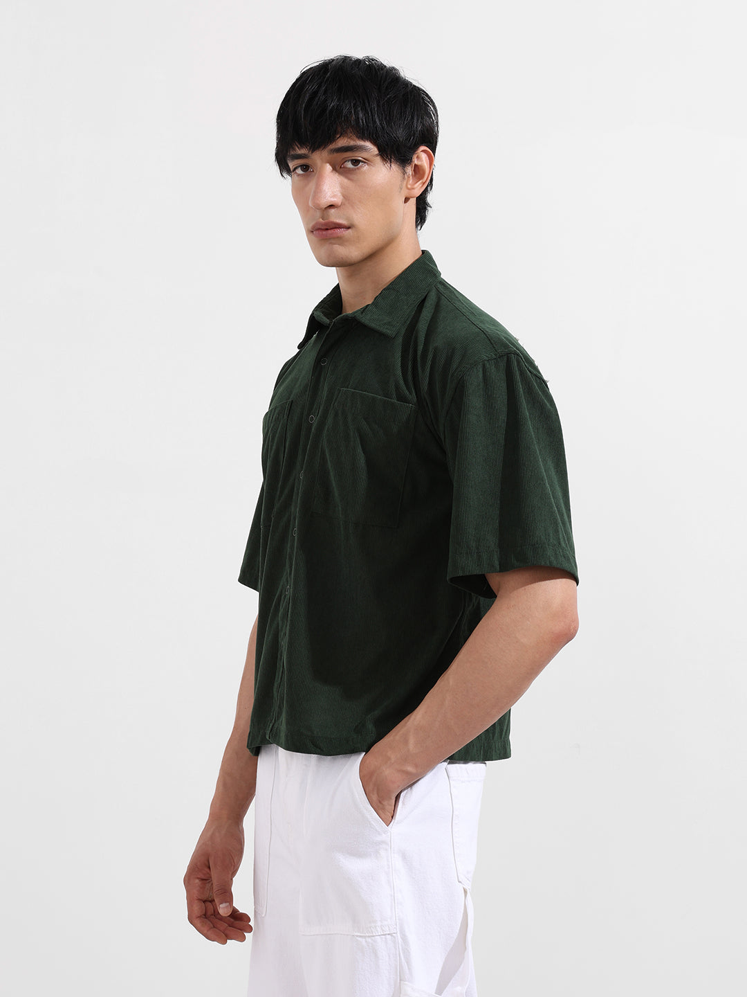Men's Green Boxy Fit Embroided Street Wear Shirt