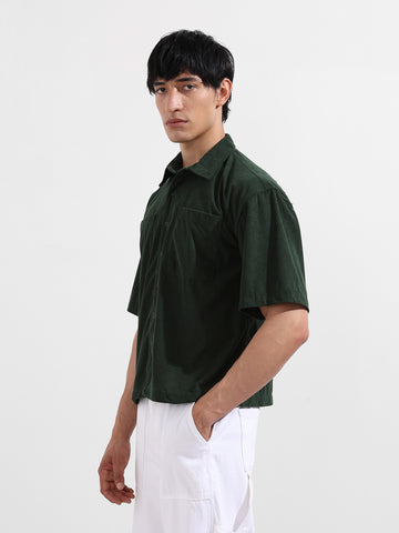 Men's Green Boxy Fit Embroided Street Wear Shirt