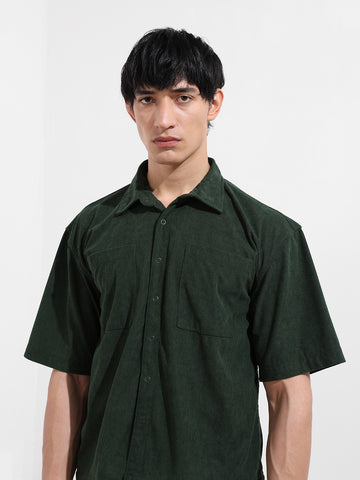Men's Green Boxy Fit Embroided Street Wear Shirt