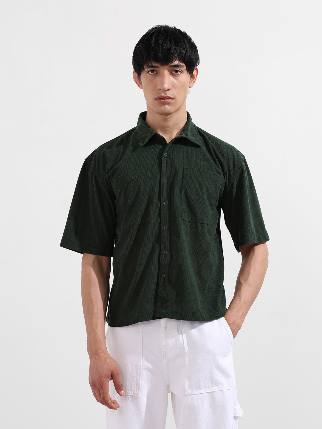 Men's Green Boxy Fit Embroided Street Wear Shirt