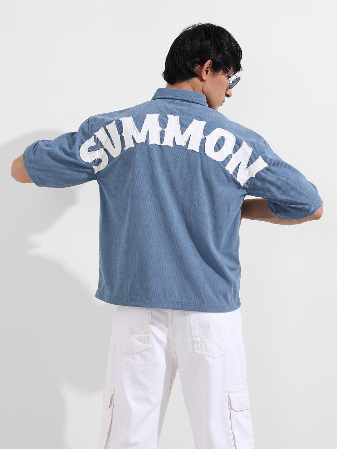Men's Blue Boxy Fit Embroided Street Wear Shirt