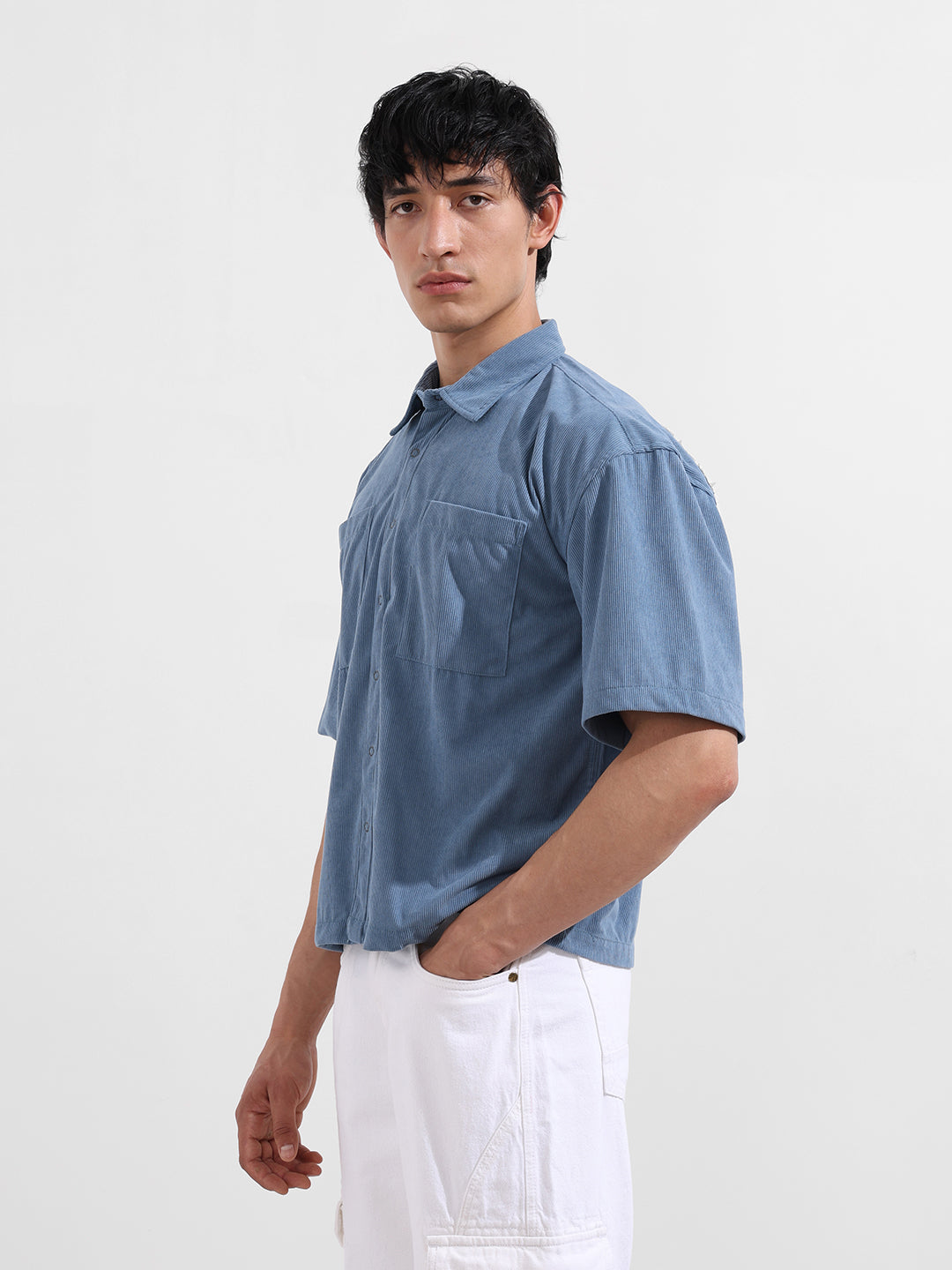 Men's Blue Boxy Fit Embroided Street Wear Shirt