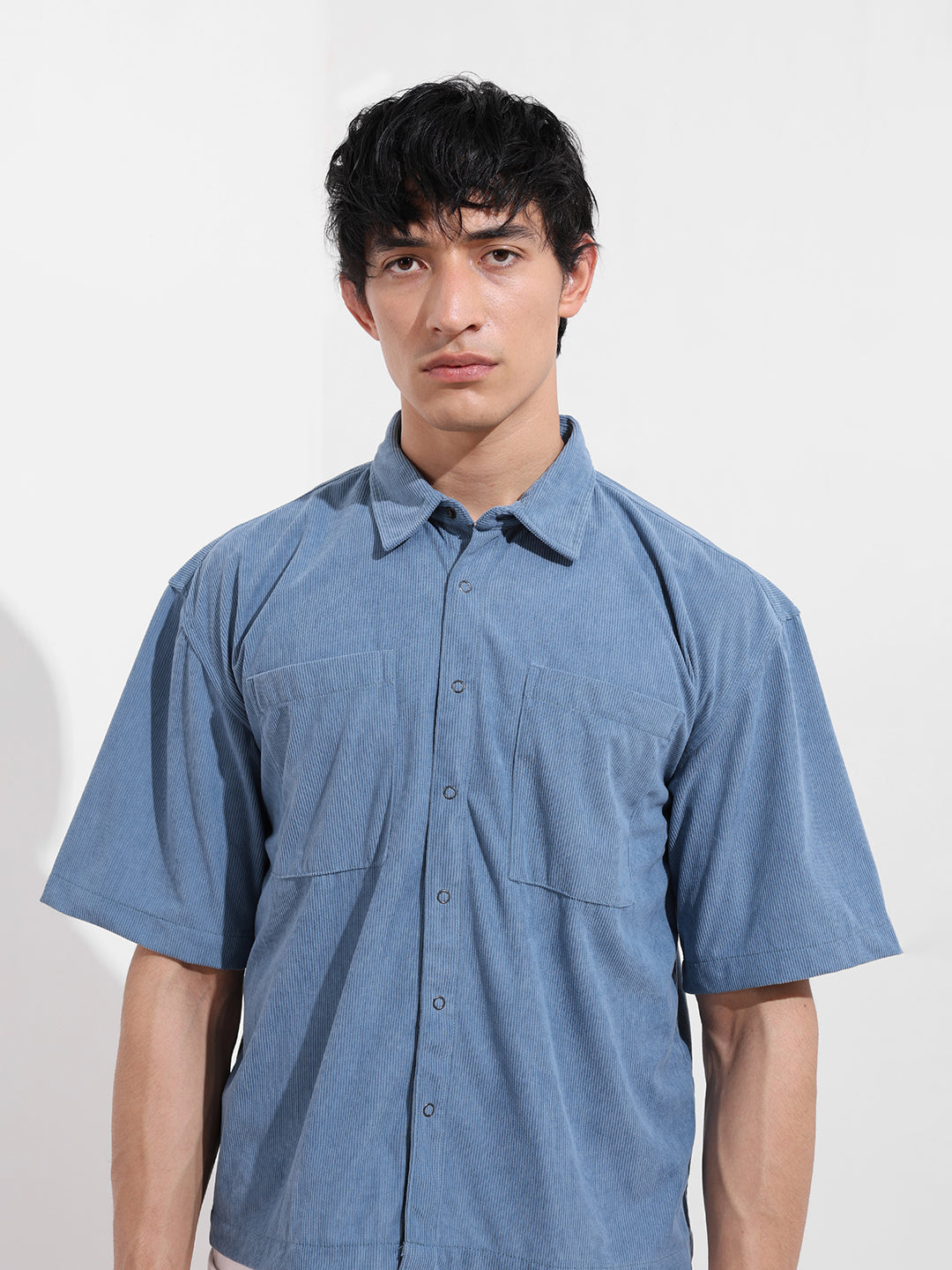 Men's Blue Boxy Fit Embroided Street Wear Shirt