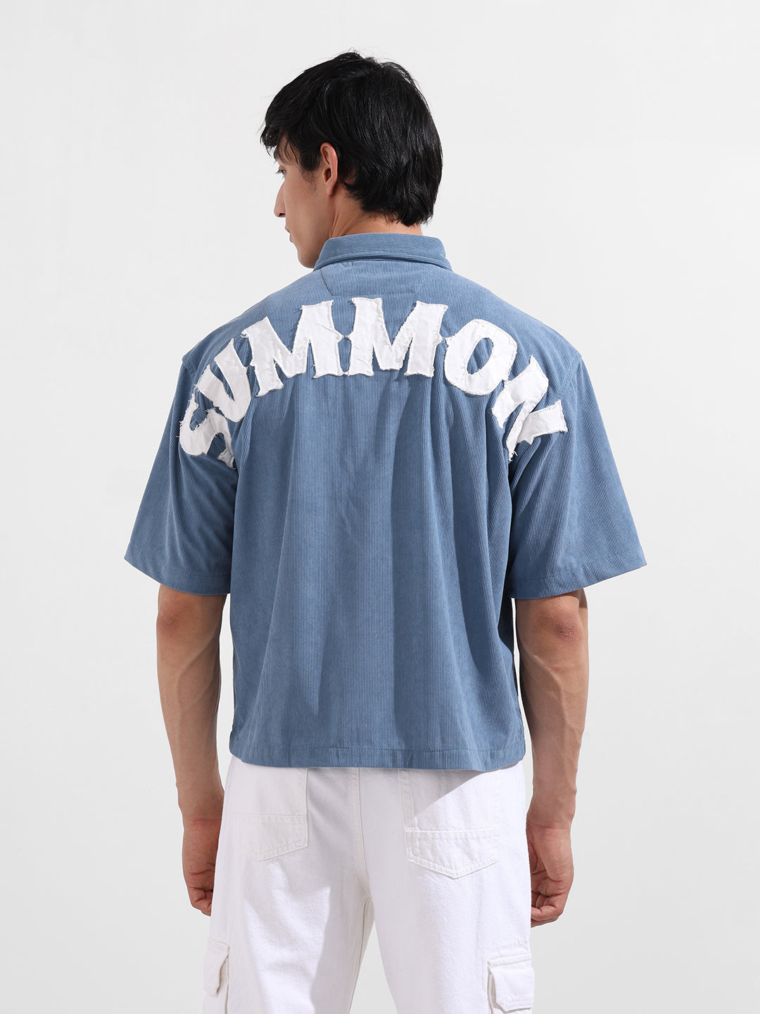 Men's Blue Boxy Fit Embroided Street Wear Shirt