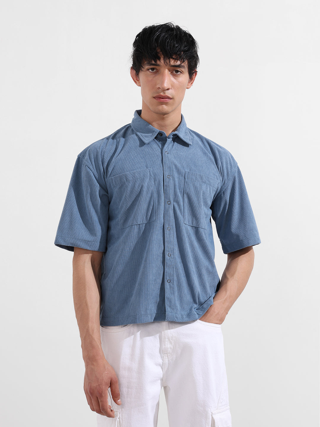 Men's Blue Boxy Fit Embroided Street Wear Shirt