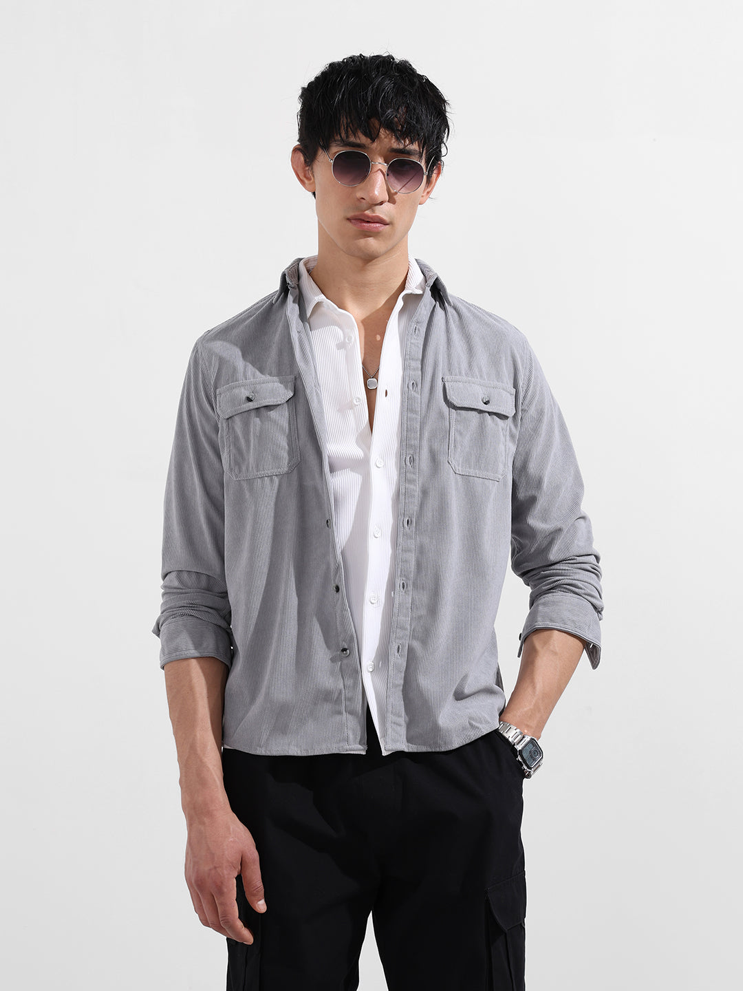Men's Grey Regular Fit Solid Casual Shirt