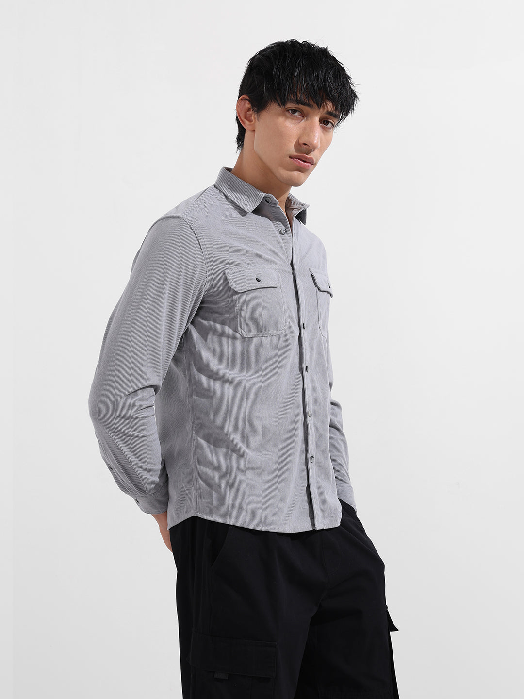 Men's Grey Regular Fit Solid Casual Shirt