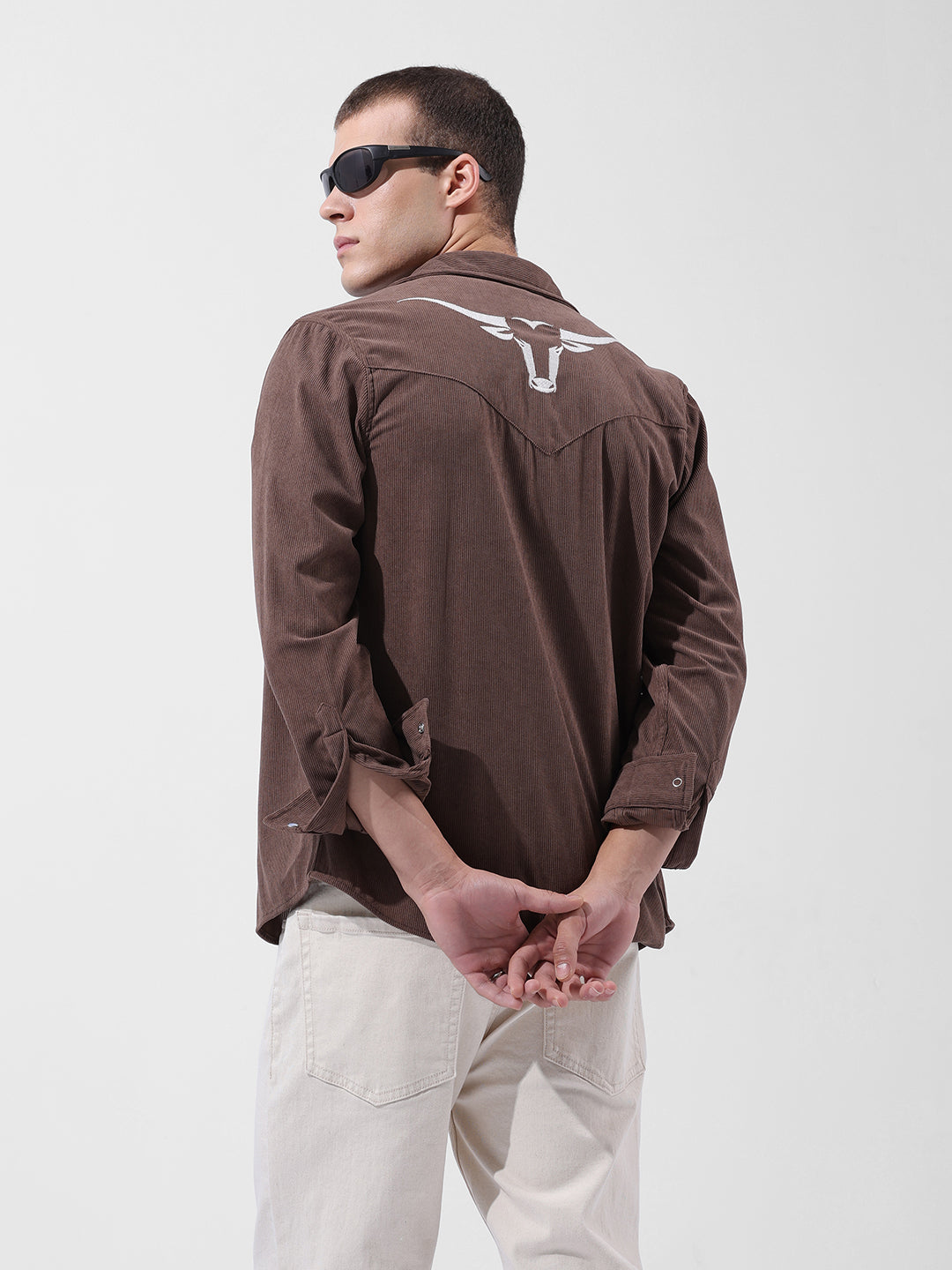 Men's Brown Regular Fit Embroided Street Shirt