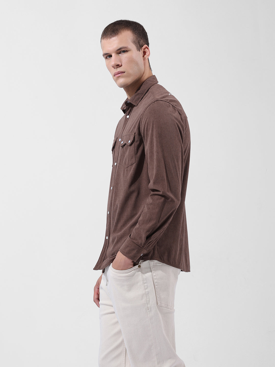 Men's Brown Regular Fit Embroided Street Shirt