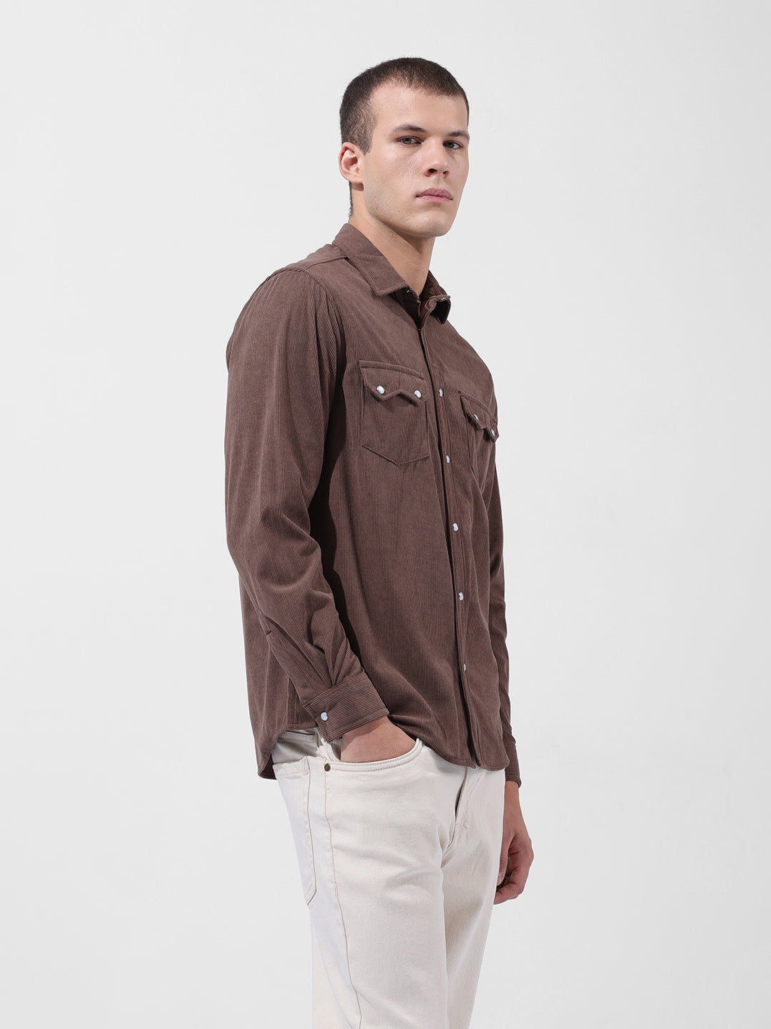 Men's Brown Regular Fit Embroided Street Shirt