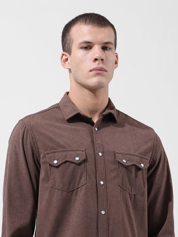 Men's Brown Regular Fit Embroided Street Shirt
