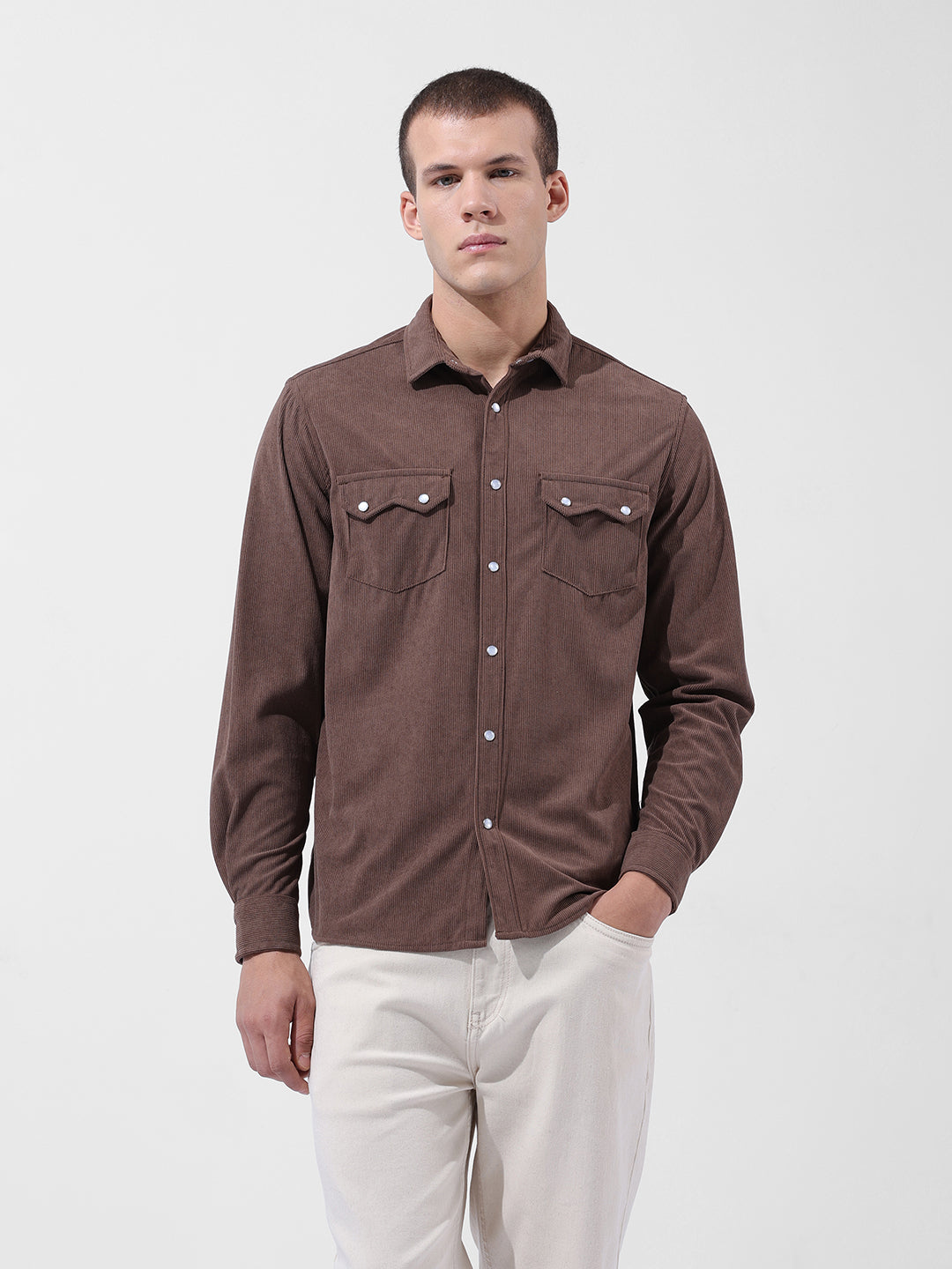 Men's Brown Regular Fit Embroided Street Shirt