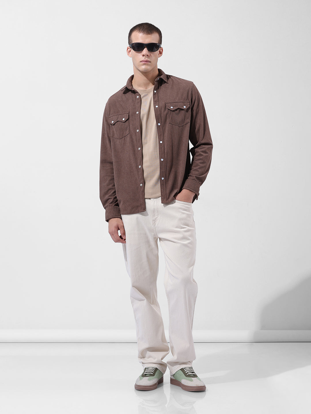 Men's Brown Regular Fit Embroided Street Shirt