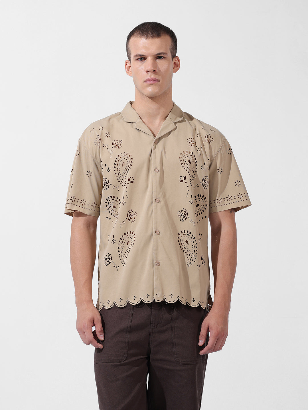Men's Beige Relaxed Fit Solid  Resort Wear Shirt