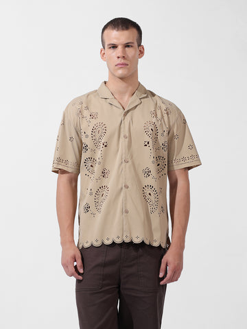 Men's Beige Relaxed Fit Solid  Resort Wear Shirt