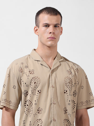Men's Beige Relaxed Fit Solid  Resort Wear Shirt