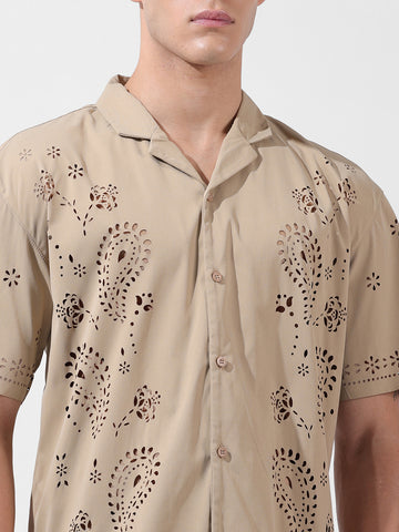 Men's Beige Relaxed Fit Solid  Resort Wear Shirt