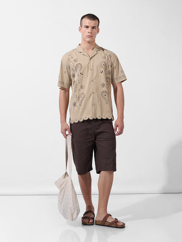 Men's Beige Relaxed Fit Solid  Resort Wear Shirt