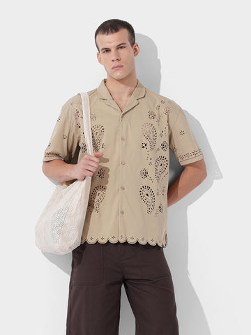 Men's Beige Relaxed Fit Solid  Resort Wear Shirt