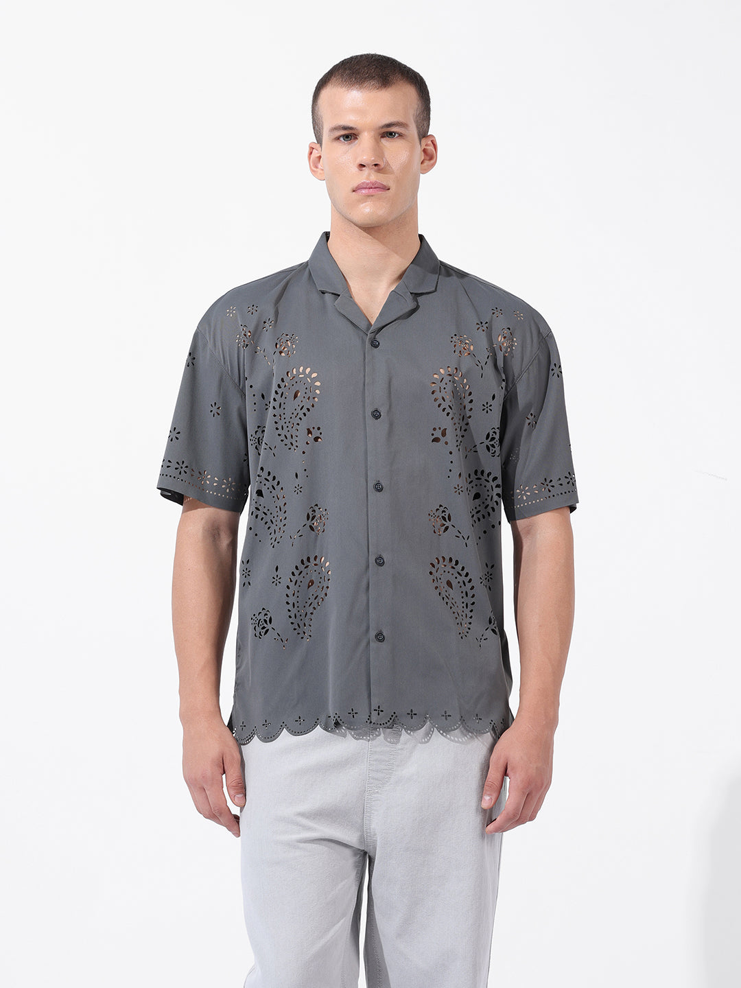 Men's Grey Relaxed Fit Solid  Resort Wear Shirt
