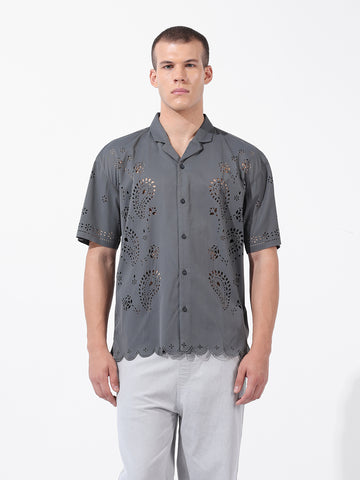 Men's Grey Relaxed Fit Solid  Resort Wear Shirt