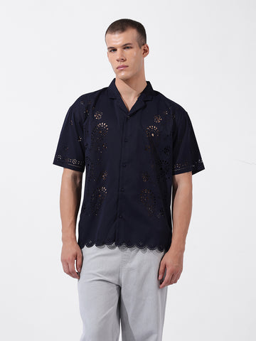 Men's Blue Relaxed Fit Solid  Resort Wear Shirt