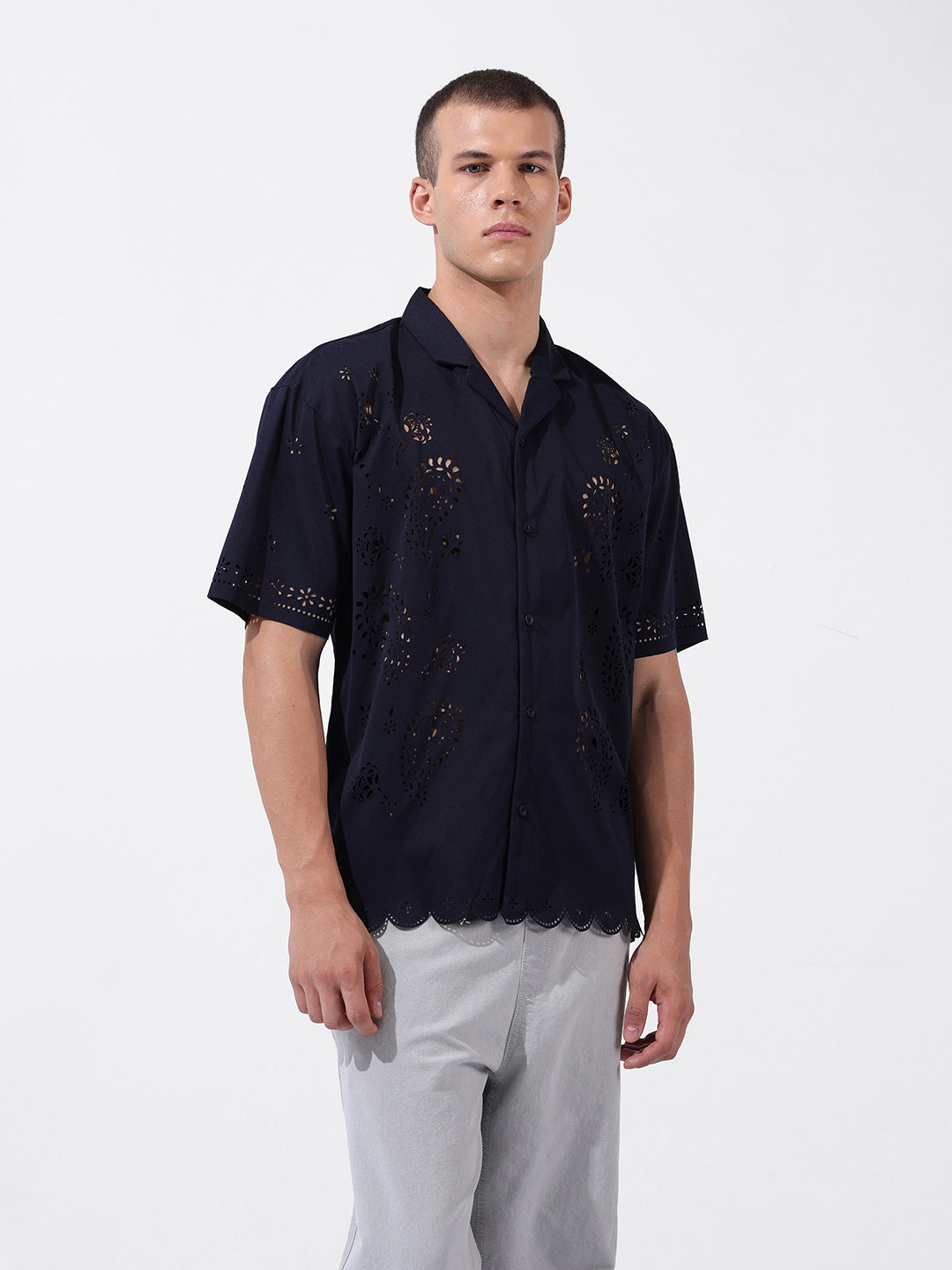 Men's Blue Relaxed Fit Solid  Resort Wear Shirt