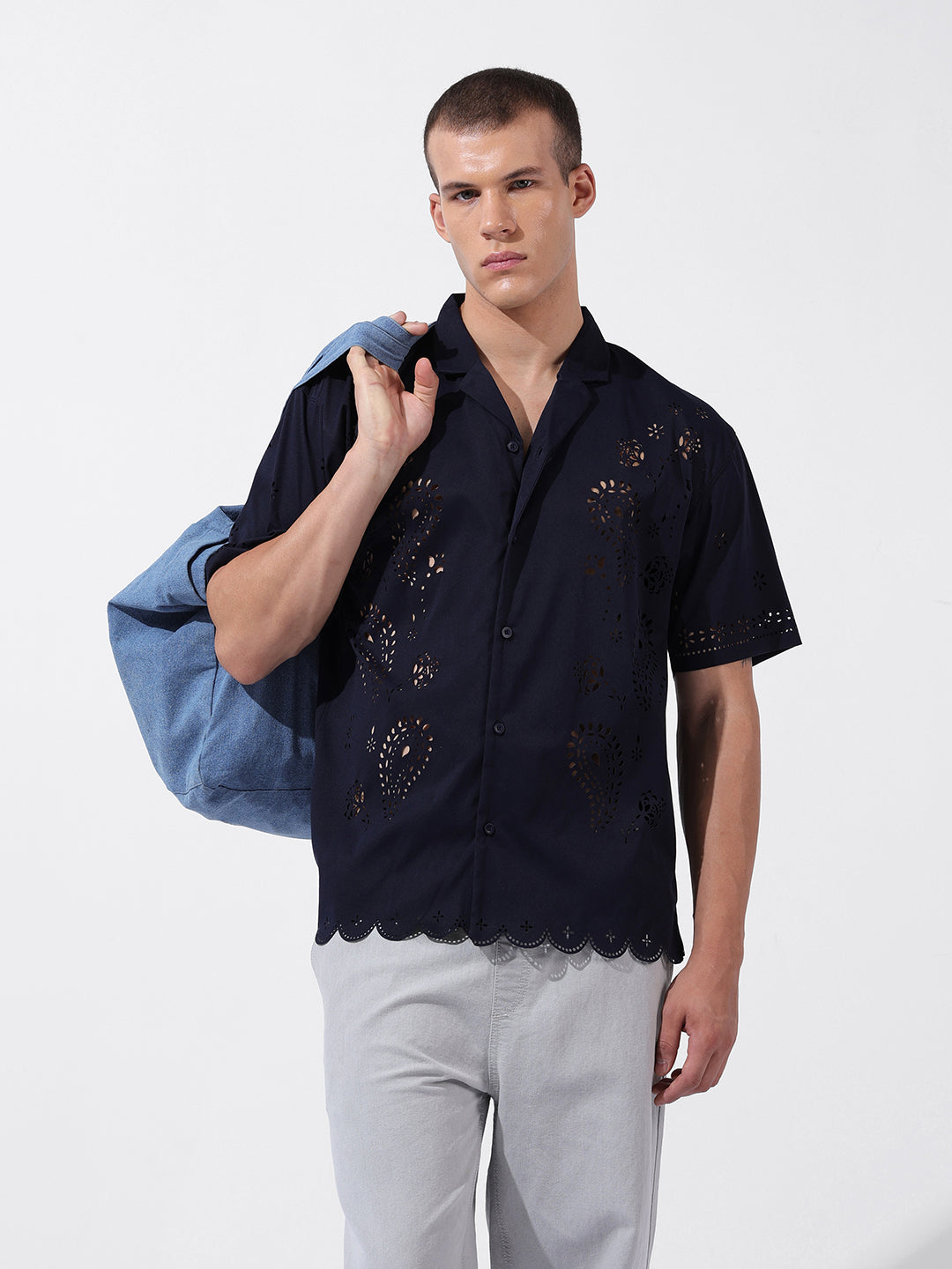 Men's Blue Relaxed Fit Solid  Resort Wear Shirt