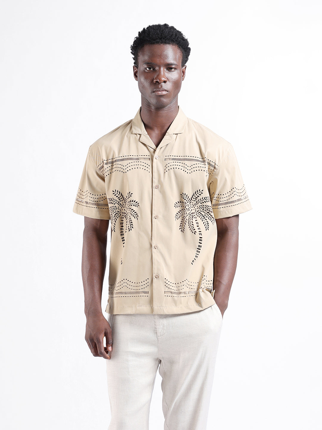 Men's Beige Relaxed Fit Resort Wear Shirt