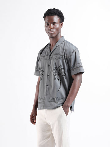 Men's Grey Relaxed Fit Solid  Resort Wear Shirt