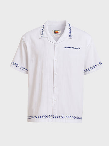 Men's White Relaxed Fit Embroided Resort Wear Shirt