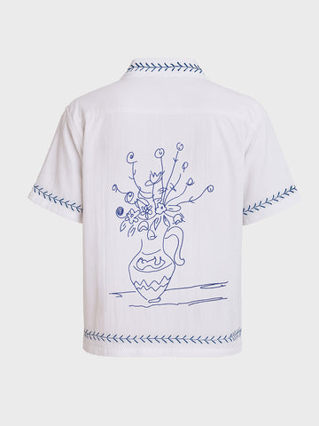 Men's White Relaxed Fit Embroided Resort Wear Shirt