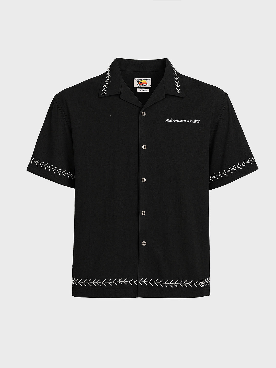 Men's Black Relaxed Fit Embroided Resort Wear Shirt