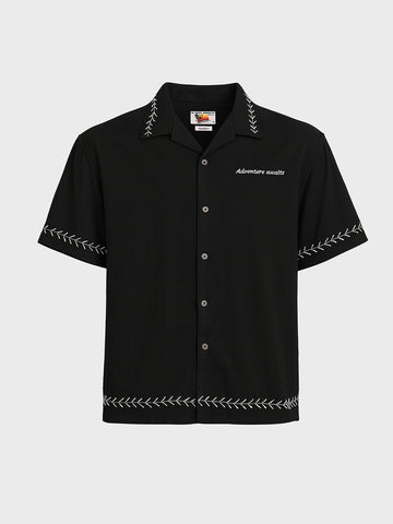 Men's Black Relaxed Fit Embroided Resort Wear Shirt