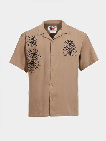 Men's Beige Relaxed Fit Embroided Resort Wear Shirt