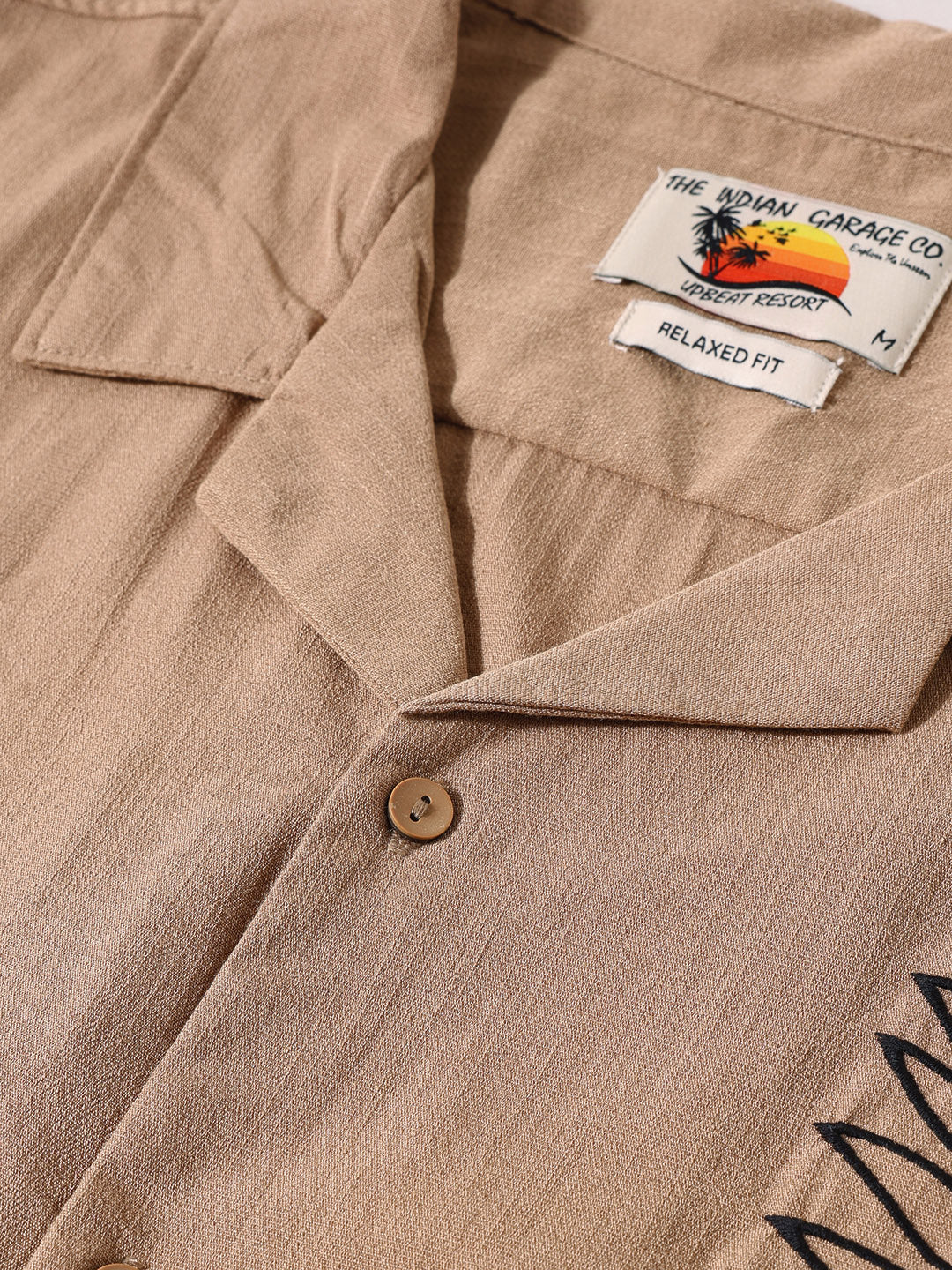 Men's Beige Relaxed Fit Embroided Resort Wear Shirt