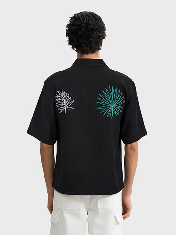 Men's Black Relaxed Fit Embroided Resort Wear Shirt