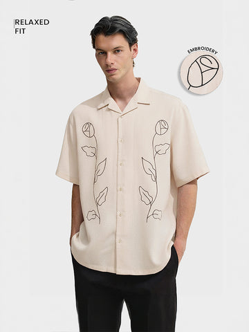Men's Cream Relaxed Fit Embroided Resort Wear Shirt