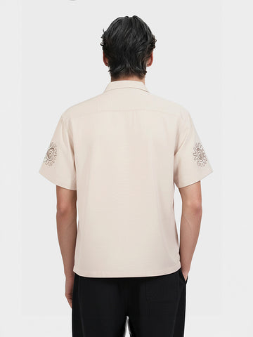 Men's Cream Relaxed Fit Embroided Resort Wear Shirt