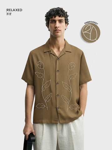 Men's Olive Relaxed Fit Embroided Resort Wear Shirt