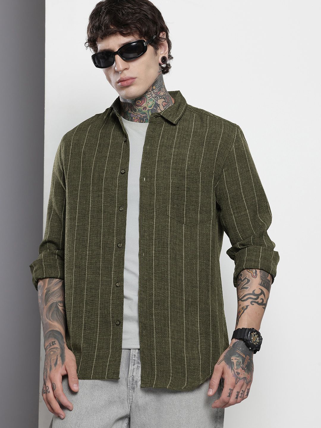 Men's Olive Slim Fit Striped Casual Shirt