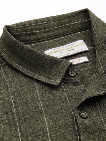 Men's Olive Slim Fit Striped Casual Shirt