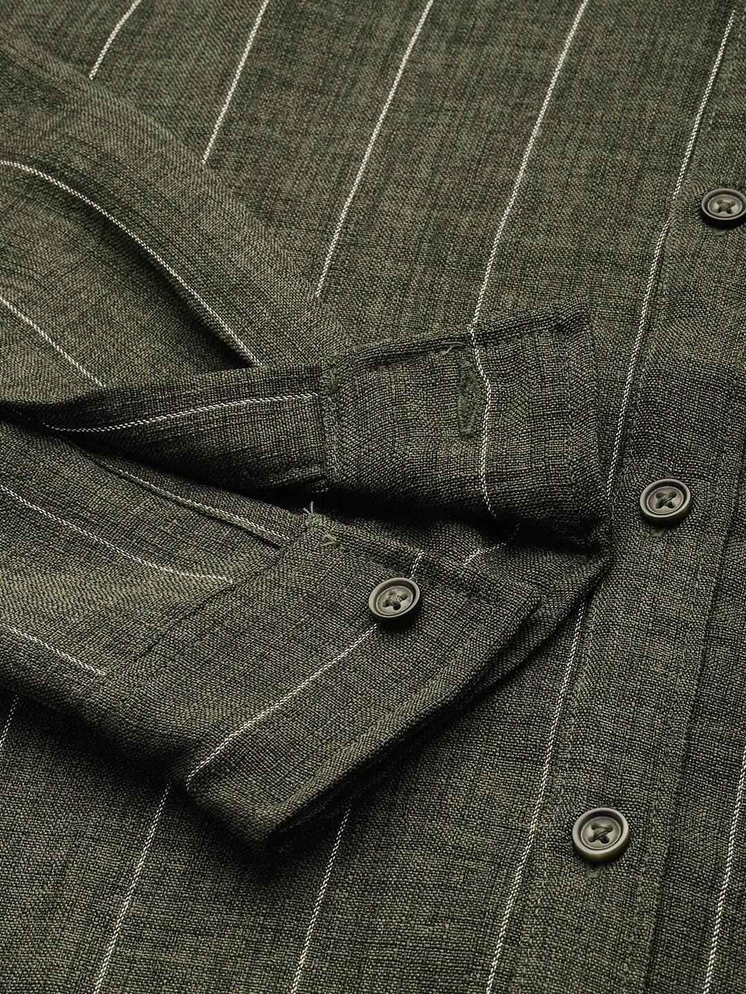 Men's Olive Slim Fit Striped Casual Shirt