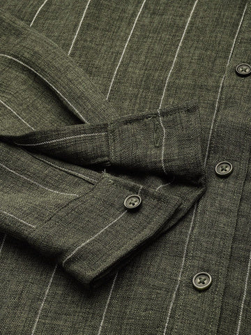 Men's Olive Slim Fit Striped Casual Shirt