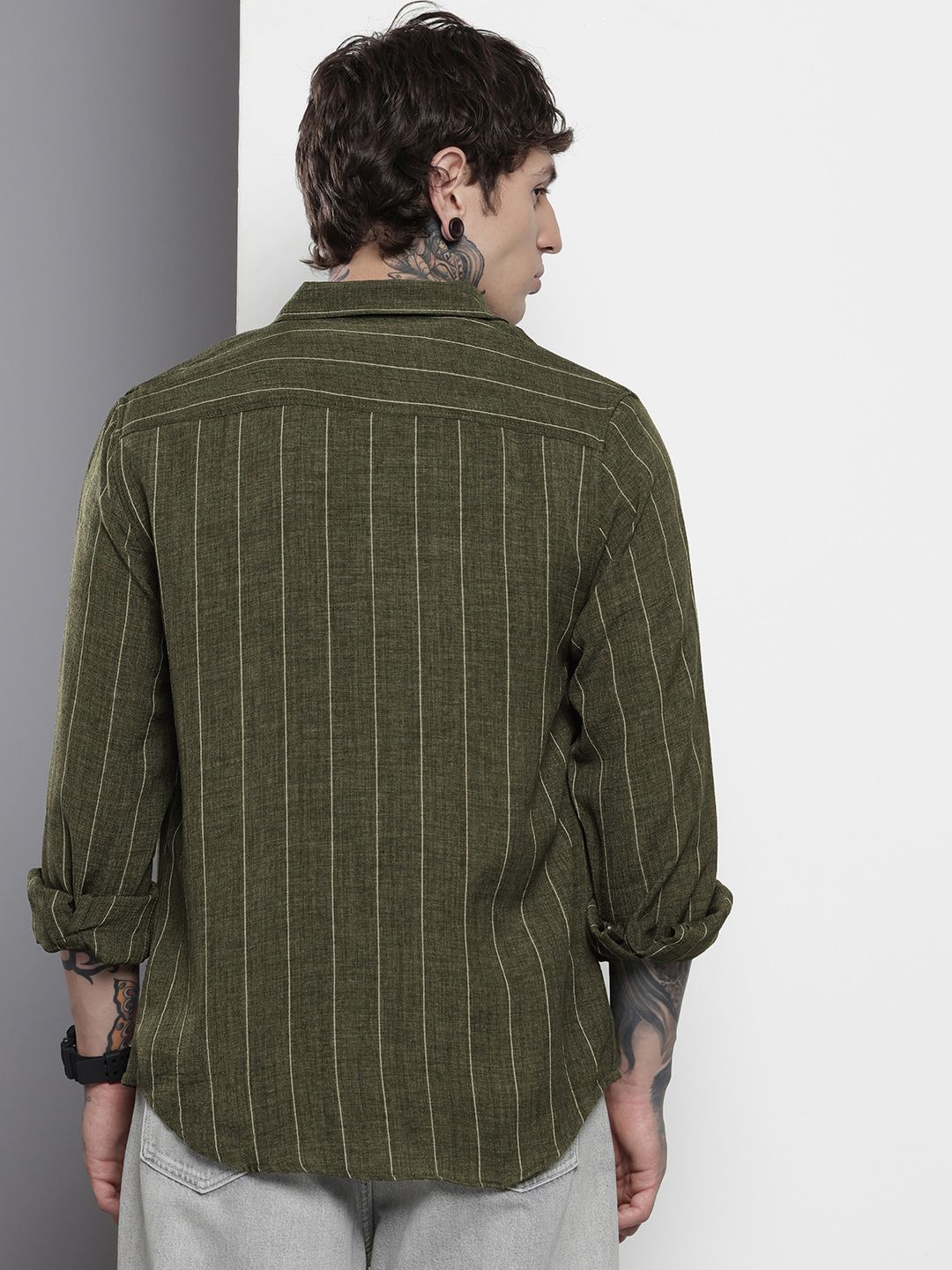 Men's Olive Slim Fit Striped Casual Shirt