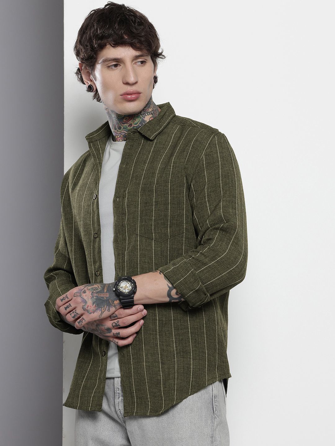 Men's Olive Slim Fit Striped Casual Shirt